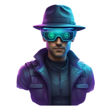 Secret human agent in a hat with  cyberpunk elements in VR googles scanning looking reviewing multicolor lines of code, cyan and purple colors, only upper body portrait sticker