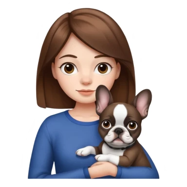 Make a girl with brown hair hold a white and black French bulldog sticker