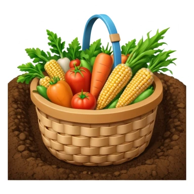 A 3D cartoon basket filled with fresh farm produce like carrots, tomatoes, and corn, placed on soil ground, soft natural lighting, Memoji-style texture. sticker
