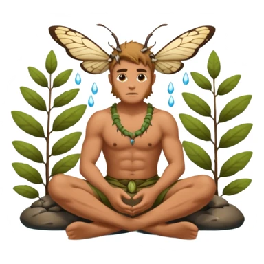 full body tan skin druid man sitting in stream, back muscles wet, moth swarm sticker