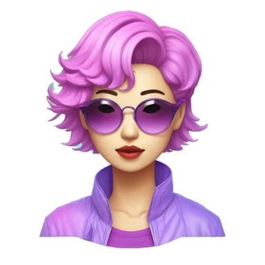 a short-haired Taiwanese lesbian as a designer with vaporwave style, without makeup, with earings, sunglasses with vaporwave image on it. sticker