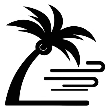Make the minimalist palm tree in heavy wind more dramatic: trunk and leaves at extreme angles, bold motion lines, keep the background transparent. Style: minimalist palm tree in heavy wind with bold motion lines and extreme angles. sticker