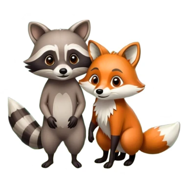 Collage of a raccoon and a fox, in close-up, set in a beautiful forest with tall trees, green bushes, and sunlight filtering through the leaves and flowers. A vibrant, wild atmosphere with a transparent background. sticker
