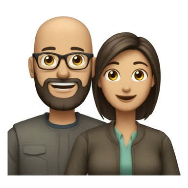 a couple, a man is bald and wearing glasses and beard. The woman has  dark, long  hair and smiling showing teeth. The woman is not wearing glasses. sticker