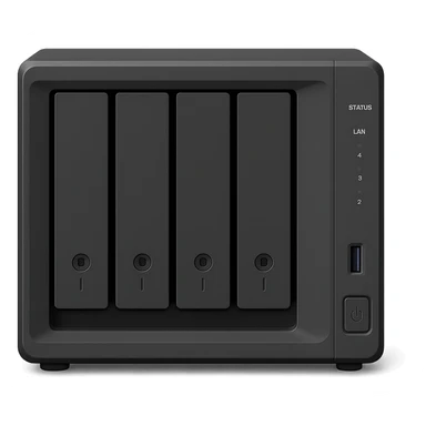 generic 4 bay NAS device, simple, front view, minimal design sticker