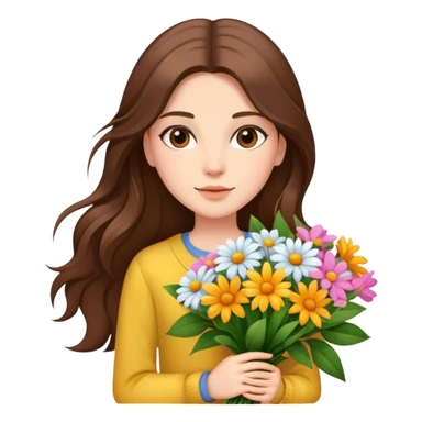 cool girl with long brown hair and fair skin holding a bouquet of flowers, trendy sticker