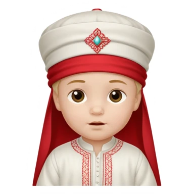  baby boy dressed in wight ghalibiya with delicate decorations with a red Moracain hat  sticker