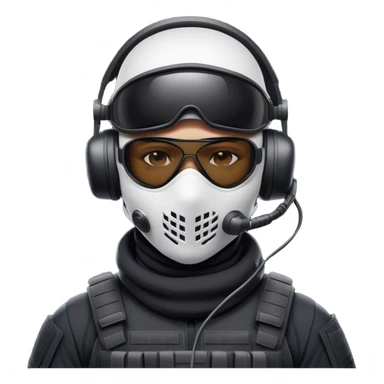 Futuristic special forces soldier wearing a white full-face balaclava, black wraparound sunglasses, and a high-tech military headset with a microphone. Dressed in a dark tactical uniform with modern combat gear. The lighting is dramatic, emphasizing a sleek and professional covert operative look. sticker