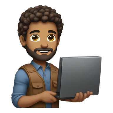 men holding his computer in hands. light brown skin men with curly dark brown hair, brown eyes, little grown beard. ust a tiny bit muscular. dressed casual. round face. sticker