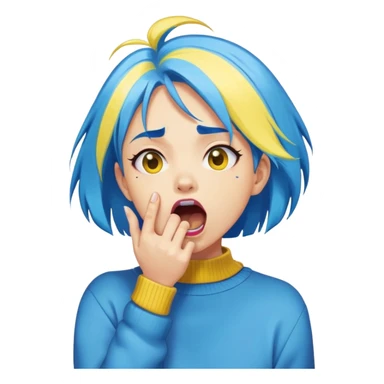 Create a small, circular emoji version of this sticker: a stylized cartoon girl with bright blue hair and a yellow sweater clutching her throat, mouth open in a dramatic gasp. Simplify the lines and shading for emoji clarity, preserve the bold color palette, and keep the exaggerated expression. sticker