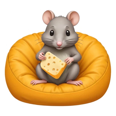 rat sitting in bean bag chair while eating cheese sticker