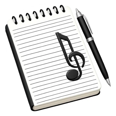 Minimalistic flat vector icon, iOS style, thin black contour on white background. Small notebook with a musical note on the cover, a pen placed next to it. Clean, modern, no text, no shadows. sticker