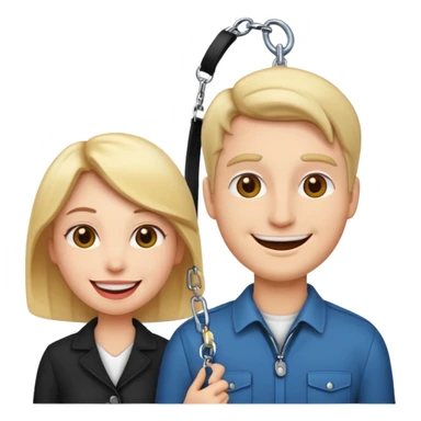 fun, exaggerated emoji of a woman with a man on a leash, both characters looking happy, no background sticker