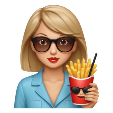 Taylor Swift, wearing sun glasses,  holding a cup of fries





































 sticker