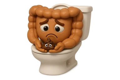 emoji stile iphone di un intestino realistico 3d che esce dal wc con in mano una montagnetta di feci con espressione triste a palline, iperrealistico 4k sticker