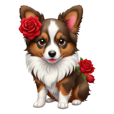 Mini aussie papillon mix with a red rose sticker