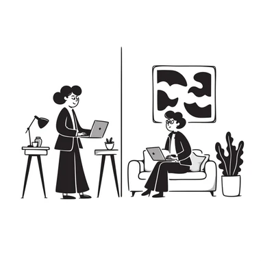 Flat illustration of a cozy mid-century living room with two people working on laptops, one man standing at a desk and one woman sitting on a couch, warm tones, two walls and floor visible sticker