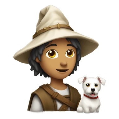 young medieval pilgrim with hat and white little dog sticker
