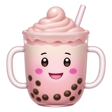 Cute Kawaii Boba Tea Cup, with a happy smiling face, chubby round shape, pastel pink and brown colors, soft glowing highlights, adorable tapioca pearls floating inside, sparkling eyes full of joy! sticker