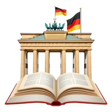An icon featuring the Brandenburg Gate and the big flag of Germany, symbolizing the German language. The design includes an open book with German text representing language learning and German culture. Transparent background highlights the essence of German heritage. sticker