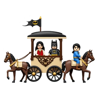  Ultra cute  Lego detailed 1854 Batman and pretty dark-haired Catgirl driving a horse drawn family-size Caravan alone together on a romantic trail in the woods  sticker
