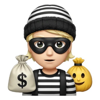 a short ios emoji-style portrait of a classic burglar, a black eye mask and a black-and-white striped shirt. emoji-like hair, black winter-like hat, a bag of money 💰 with a dollar sign in a right corner, evil expression WITHOUT a hand  sticker