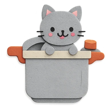 chibi pressure cooker-cat hybrid, popping out of the lid, playful expression, soft grey, full-body sticker