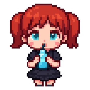 Make the character more chibi with red cherry hair instead of red curly hair, keep the goth style, and depict her drinking water. The style should be pixel art with no background. sticker