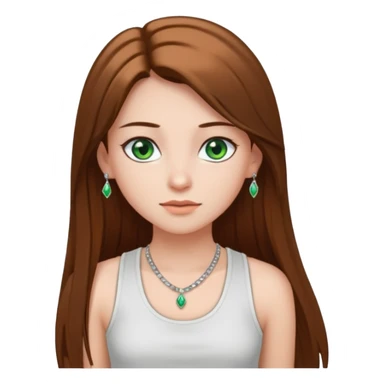 A girl with long brown straight hair, green eyes, and a white tank top; she doesn't have bangs. she wear a lot of silver jewerly  sticker