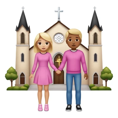 Una pareja de novios van tomados de la mano ella es rubia de ojos carmelitas piel blanca vestido rosado y tacones el muchacho es de piel morena ojos negros un pullover blanco pantalón de mezclilla y tenis blancos el fondo es una iglesia  sticker