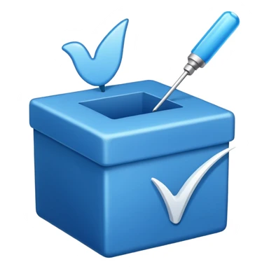 A blue box  and a white tick sticker