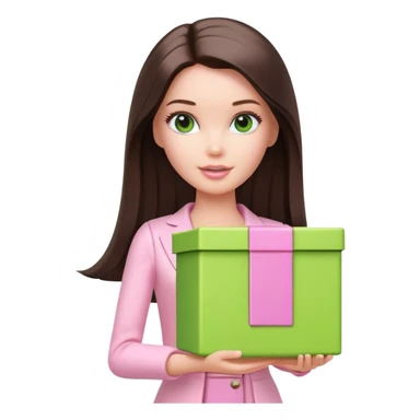 A white Barbie girl with long dark brown straight hair in pale pink clothes holds bright green box sticker