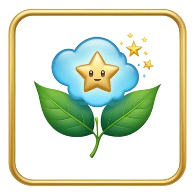 minimalist emoji style emoji of a floating thought bubble inside a rectangular frame, tiny leaf and a spark or star, minimal calming creative, soft gradients, pop of blue or gold sticker