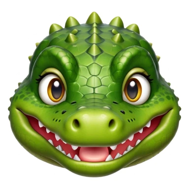Cinematic Realistic Cute Crocodile Portrait Emoji, Head tilted playfully and inquisitively, featuring a robust, well-defined build with intricately detailed, glossy olive-green scales and a surprisingly endearing face with round, sparkling eyes full of unexpected charm, rendered with lifelike texture and natural highlights, high shine, affectionate and spirited, styled with a touch of wild whimsy, soft glowing outline, capturing the essence of a mischievous yet lovable crocodile that seems poised to snap playfully out of the screen into your arms! sticker