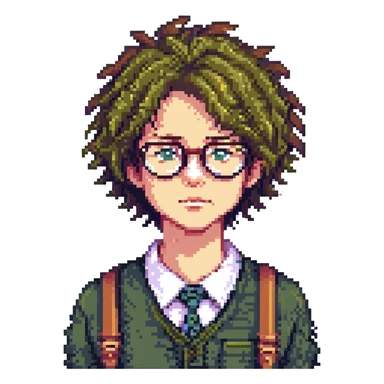 A cunning, nerdy mastermind with sharp features, messy hair, and a knowing, pervy expression, looking both smart and vicious, pixel art style. sticker