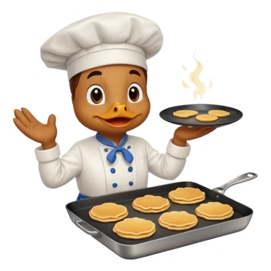 A chef duck wearing a tiny apron, flipping pancakes on a pan sticker
