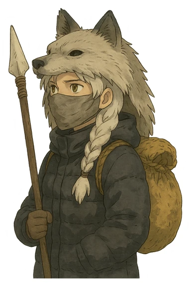 1 female, gold yellow eyes, white hair with a single long braid, wolf headdress, rag face covering, dark colored puffer parka, gazing into the distance. overcast lighting. the has a burlap bag-rope backpack, and a wooden spear with a bone knife tip sticker