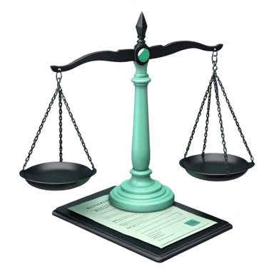 Responsabilité Administrative (Administrative Responsibility), 3D techy icon with black and mint green (#B5F4D3) color scheme, scales of justice with official documents sticker