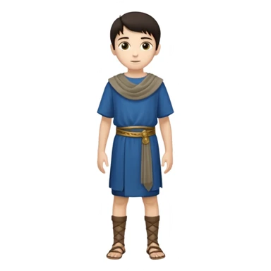 Niño: niño entre ⅞ años y 10/14 años, delgado, blanco de piel, moreno, ojos ni muy claros ni muy oscuros, bueno y simpático. cuerpo entero, época púnica sticker