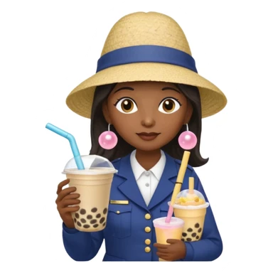 A Mysterious Elderly Female with Dark skin and Straight hair, wearing a Uniform outfit, a Sunhat, No glasses, carrying a Enchanted staff, working as a scientist, while drinking Bubble tea and reading a Journal. sticker