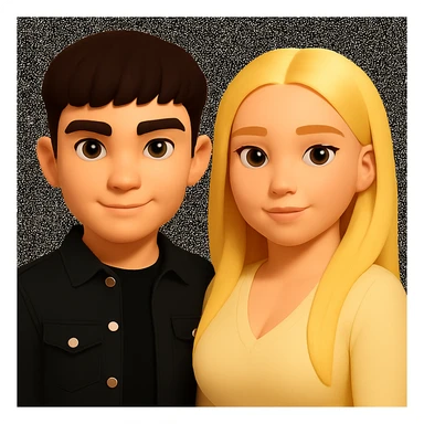 Slightly increase the volume of the upper body of the girl and slightly turn her to face forward. Do not change the boy's face. Maintain the style of the original image. sticker