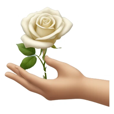 a hand coming out from the bottom of the screen, showing the back of his hand, which is holding a white rose from the stem sticker