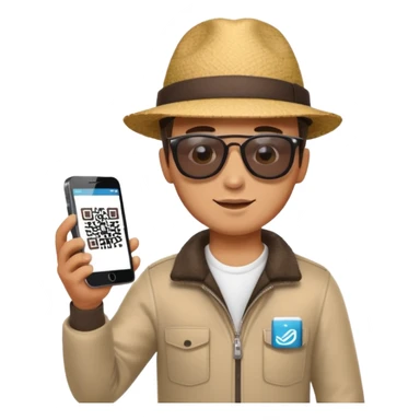 Draw a male tourist who pointed his phone to scan a QR code at a POS terminal for payment. In the style of an Apple emoji sticker