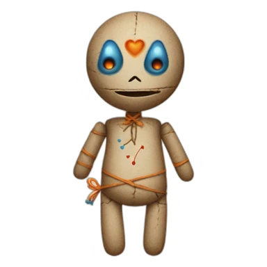 voodoo doll with orange and blue buton eyes and a heart on left side of belly sticker