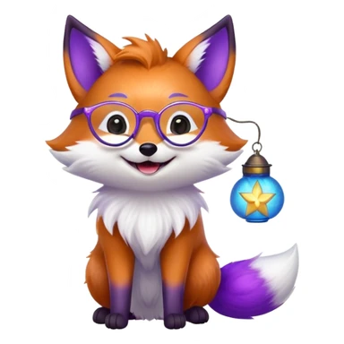 small magical fox with purple and blue fur, glowing fluffy tail, silver star on forehead, round glasses, tiny lantern, laughing with joy sticker