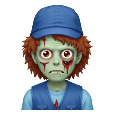 brown fluffy hair zombie with blue and white hat dark blue jilet red t shirt sticker