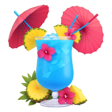 vibrant tropical fruity blue cocktail with hibiscus, pineapple slice, and paper umbrella garnish sticker