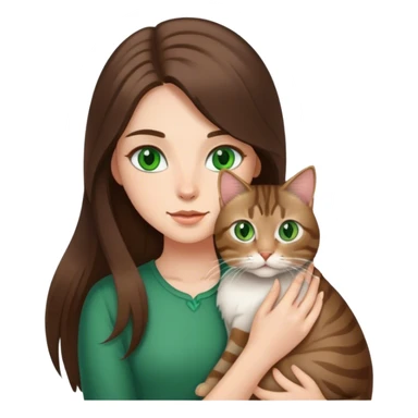 brunette long hair girl green eyes holding a tabby cat sticker
