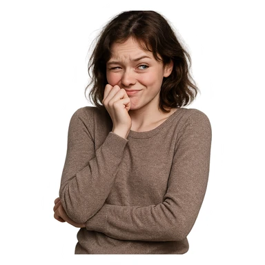 a girl who looks very shy but also very cocky, expressive face, playful body language, contrasting emotions sticker
