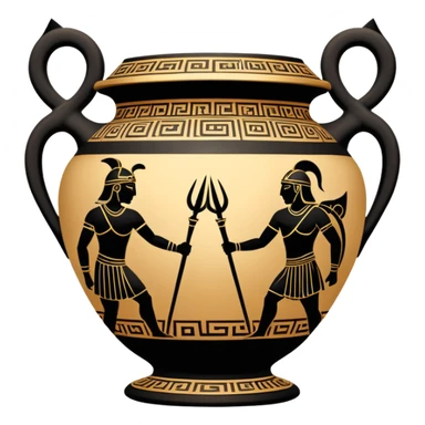 Cinematic-realistic Grecian urn, an exquisite black-figure pottery masterpiece resting in the dim glow of an ancient temple. Intricate golden depictions of two warrior fighting with spears and warriors encircle its curved form, telling timeless myths of heroism and tragedy.  sticker